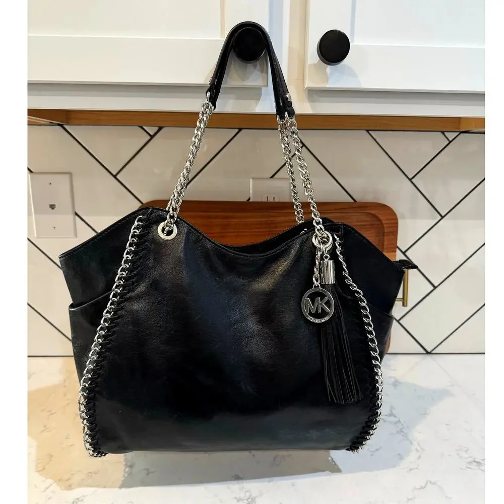 Michael Kors Chelsea shoulder bag black leather silver chain strap details 2012